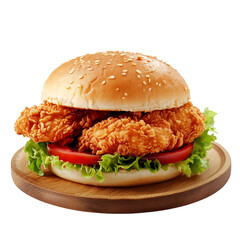 fried chicken sandwich on wooden plate, white background