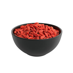 goji berries dried in black bowl, white background