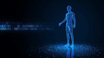 Futuristic digital human figure with binary code and holographic interface