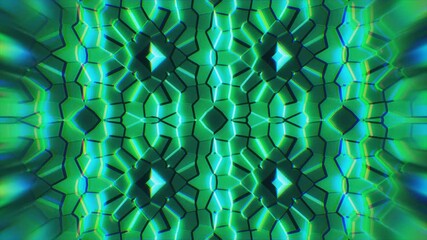 Green shapes glow and move in a kaleidoscope style.