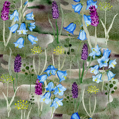 Hand drawn, watercolor wildflowers, bluebells, daisies, watercolor green background. Seamless floral pattern-1005.