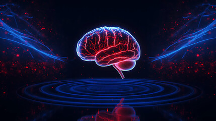 Futuristic digital visualization of a human brain with neon lighting and technological effects