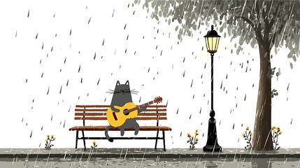 A cat playing guitar while sitting on the bench in raining park isolated on the white background