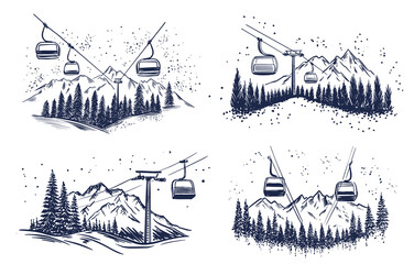 Ski lift in mountain, on white, sketch, hand drawn illustrations