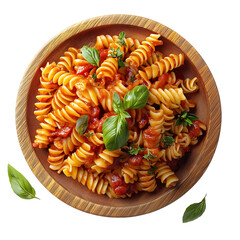 pasta with barbecue sauce on wooden plate, white background