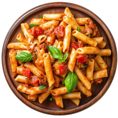 pasta with barbecue sauce on wooden plate, white background