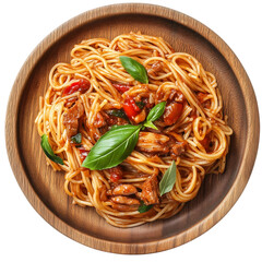 pasta with barbecue sauce on wooden plate, white background