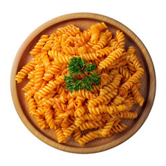 pasta with barbecue sauce on wooden plate, white background