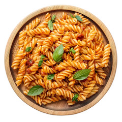 pasta with barbecue sauce on wooden plate, white background