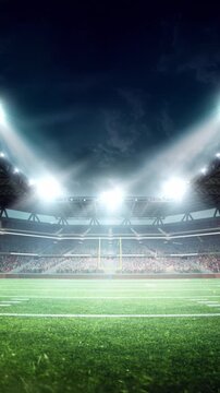 Modern ad video. Night 3D football stadium field under powerful lights. Concept of sports backdrops, broadcast graphics, competitive storytelling, professional event promotion.