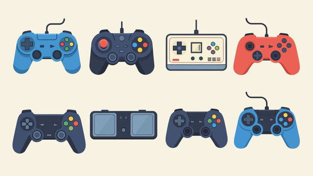 Collection of colorful gaming controllers and handheld consoles arranged in a grid layout