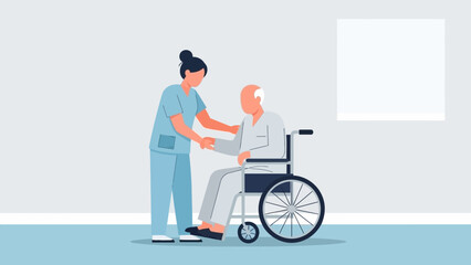 Fototapeta premium Compassionate Caregiving Scene Showing Nurse Supporting Elderly Patient in Wheelchair in Modern