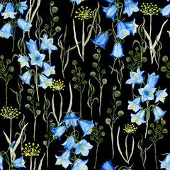 Hand drawn, watercolor wildflowers, bluebells, black background. Seamless floral pattern-1009.