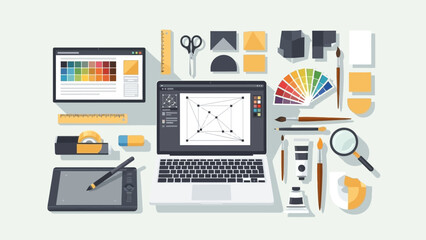 Comprehensive digital art creation workspace with design tools and color palettes for graphic
