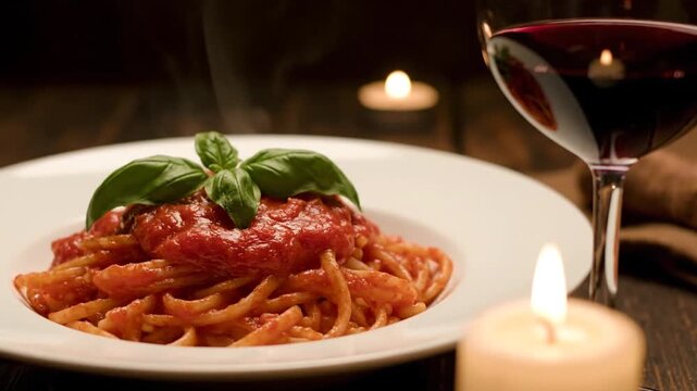 A delectable plate of fresh spaghetti with rich tomato sauce and aromatic basil, perfectly paired with a glass of red wine, illuminated by the warm glow of candlelight for a cozy Italian dinner