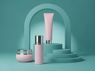 Cosmetic product arrangement on curved podiums with soft lighting, showcasing elegant skincare packaging