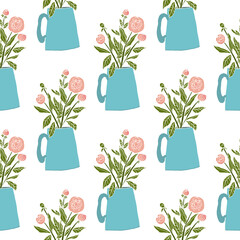 Seamless pink peony floral pattern in a flat minimalist style with soft gradients and a touch of realism. Elegant botanical background featuring peony flowers, buds, and branches  © veri13