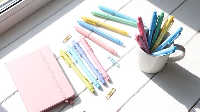 Bright flat lay of pastel pens, markers, a pink notebook, and paper clips on a clean white wooden desk, illuminated by natural light, ideal for creative work, study, journaling, and organized planning