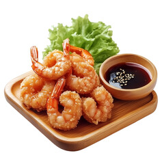 shrimps fried crunchy on wooden plate and soy sesame sauce, white background