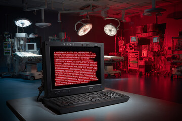 Cyberattack warning on computer in dark hospital room with red lights