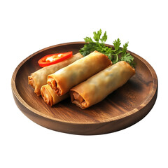 spring rolls on wooden plate, white background