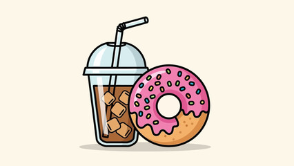 Cute Cartoon Coffee Drink with Ice Cubes and a Delicious Pink Donut with Sprinkles Displayed in a