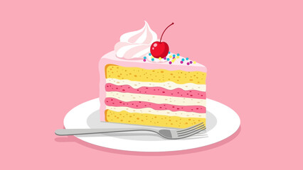 Delicious layered birthday cake with pink frosting whipped cream and cherry topping in a