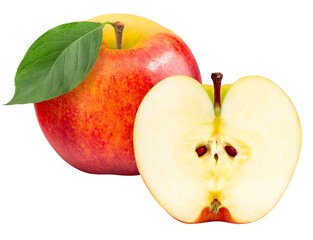A fresh apple with leaf isolated on white background, Juicy and bright Apple on White Background PNG File.