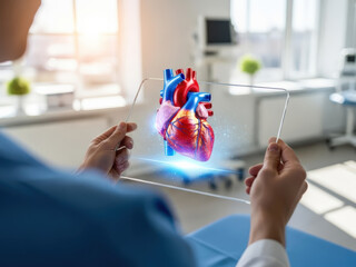 Doctor examining holographic heart model on a futuristic transparent tablet in a modern hospital