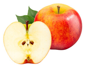 A fresh apple with leaf isolated on white background, Juicy and bright Apple on White Background PNG File.