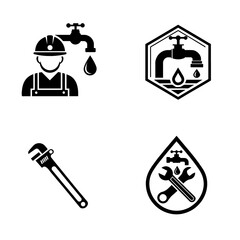Fototapeta premium Plumbing Service Icons Set – Water Tap, Plumber, Pipe Wrench and Repair Symbols