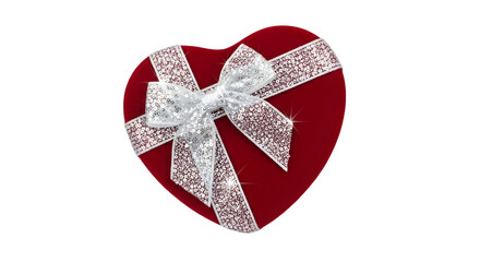 A red heart shaped gift box with a white ribbon