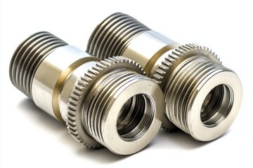 two isolated metal spark plug gears with female and male threads on white background