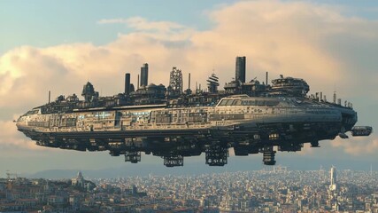 Floating industrial city above a modern skyline during golden hour