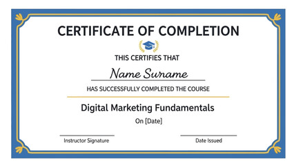 Digital Marketing Fundamentals Certification Bright Blue and Gold Design