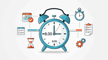 Digital illustration of an alarm clock surrounded by productivity and time management icons
