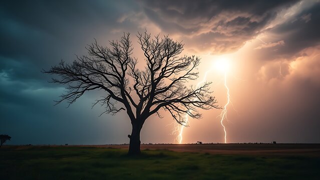 predictability. A solitary tree struck by lightning during a storm with dramatic sky. ESG reports, sustainability campaigns, designed for sustainability communications and ESG reporting.