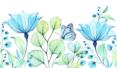 Transparent watercolor blue rose with eucalyptus and butterfly. Long seamless horizontal border floral illustration. Isolated hand drawn botanical illustration