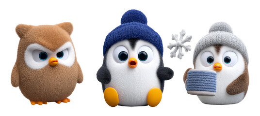 Fototapeta premium Cozy Winter Plush Dolls Featuring Cute Penguin and Owl Characters for Snuggling