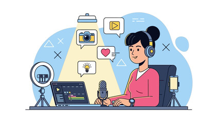 Female content creator producing multimedia content in a modern digital workspace with recording