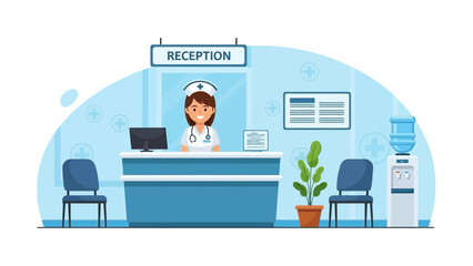 friendly healthcare professional sitting at reception desk in medical clinic waiting area with
