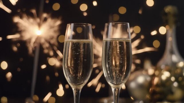 Champagne glasses clinking in the foreground, fireworks glowing softly in the background, bokeh lights, luxury New Year party aesthetic, elegant celebration vibe.