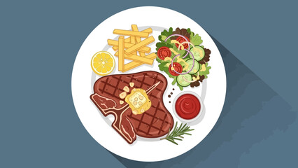 Hearty grilled steak with crispy fries fresh salad and condiments on a white plate