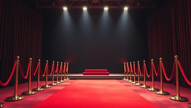 tunicle. Empty award podium on red carpet with velvet ropes, ceremonial space with soft lighting. event programs, museum guides, designed for cultural heritage projects and event programs.