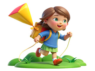 Joyful cartoon girl with kite and backpack isolated on transparent background
