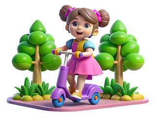 Cute cartoon girl riding a purple scooter surrounded by trees isolated on transparent background