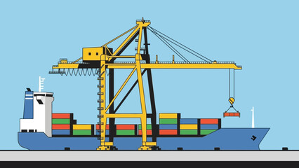 illustration of a cargo ship being loaded with containers using a yellow crane against a light