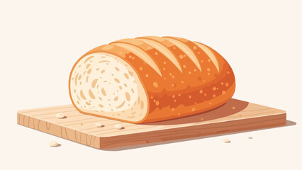 Illustration of a freshly sliced loaf of bread with a golden crust on a wooden cutting board