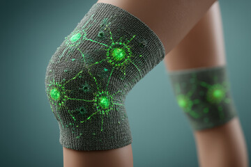 Woman wearing smart knee sleeves with glowing green nodes for injury prevention