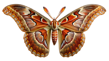 A magnificent atlas moth showcasing intricate patterns and vibrant orange and brown coloration